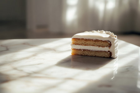 Minimalist image featuring a single slice of delicious cake on a marble surface, illuminated by natural lightの素材