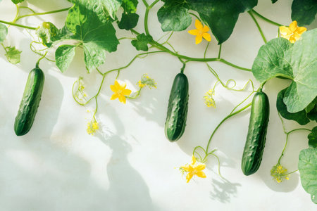 Overhead view of ripe green cucumbers hanging on vine with bright yellow flowers and large leaves in natural sunlightの素材
