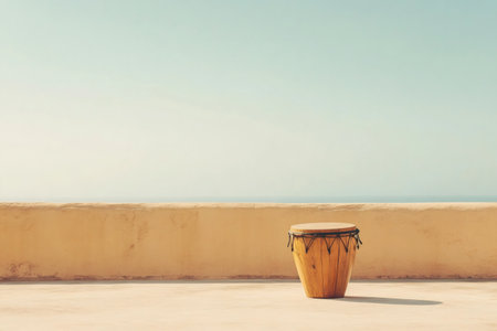 Single wooden bongo drum sits on a spacious rooftop terrace, overlooking a tranquil sea view under a clear skyの素材