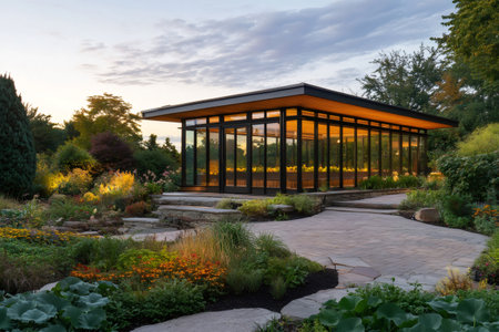 Illuminated pavilion in a lush botanical garden at twilight, showcasing modern architecture and landscapingの素材