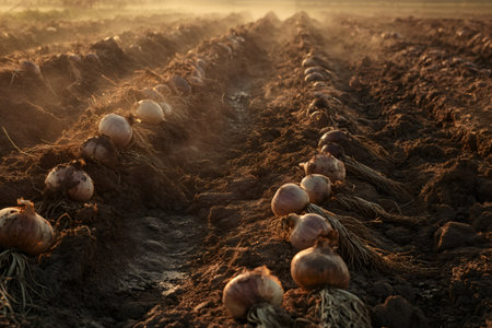 Rows of onion bulbs freshly pulled from rich soil, lying in earthy furrows under soft golden evening sunlightの素材