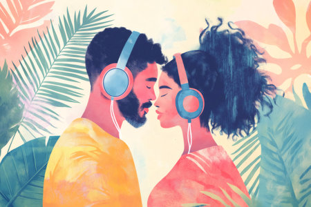 Romantic couple sharing headphones and listening to music with closed eyes, surrounded by colorful tropical leavesの素材