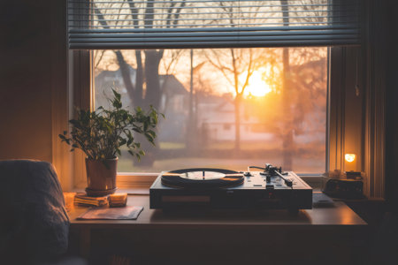 Cozy living room bathed in warm sunset light, featuring a vinyl record player spinning on a table near the window, creating a nostalgic atmosphereの素材