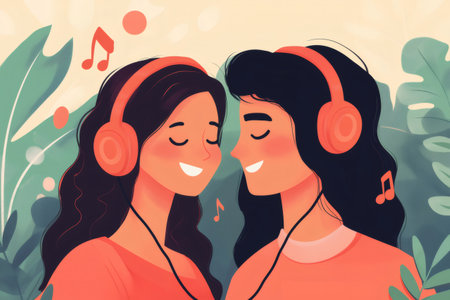 Two happy young women sharing headphones and enjoying music together in a natural settingの素材