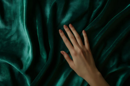 Woman's hand with a delicate manicure gracefully caressing a luxurious, emerald green velvet fabric, highlighting its softness and rich textureの素材