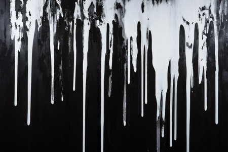 White paint dripping on a black background, creating a visually striking abstract pattern with bold vertical streamsの素材