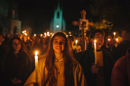 Group of parishioners holding candles celebrating Easter procession by night, in front of a churchの素材