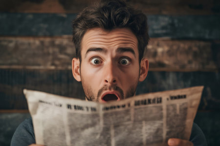 Surprised man with wide eyes and open mouth, holding a newspaper. Wooden background adds rustic charm to the sceneの素材