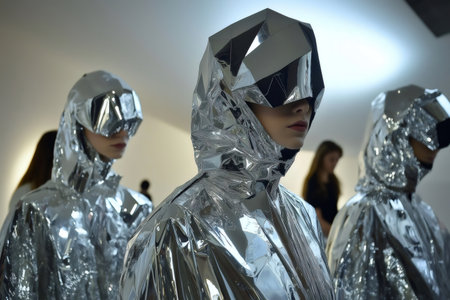 Fashion models strutting down the runway in innovative, futuristic silver outfits, highlighting cutting edge design and contemporary styleの素材