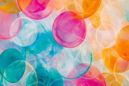 Abstract background of overlapping translucent bubbles in vibrant colors, creating a visually appealing patternの素材