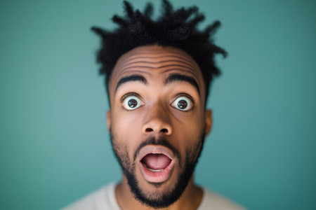 Man with a shocked expression, wide eyes, and open mouth, conveying surprise and disbelief, set against a plain backgroundの素材
