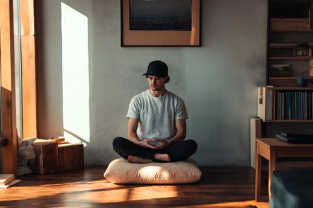 Young man practicing meditation at home, sitting in lotus position on a meditation cushion, finding inner peace and mindfulnessの素材