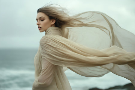 Fashion model wearing a flowing dress, posing gracefully on a windy beach, with the ocean waves and an overcast sky in the backgroundの素材