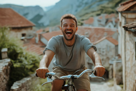 Carefree tourist enjoying a bike ride through a charming European village, experiencing the joy of travel and explorationの素材