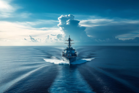 Powerful navy ship sailing ocean under dramatic clouds, demonstrating naval power and maritime securityの素材