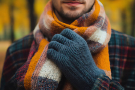 Man wearing a colorful plaid scarf and gloves, embracing the autumn season. Vibrant fall colors create a cozy and warm atmosphereの素材