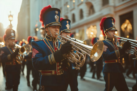 Musicians in uniform marching and playing trumpets fill the city street during a vibrant parade, celebrating culture and traditionの素材