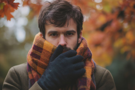 Man wearing a plaid scarf and gloves, embracing the cool autumn air. Vibrant fall leaves create a warm and cozy atmosphereの素材
