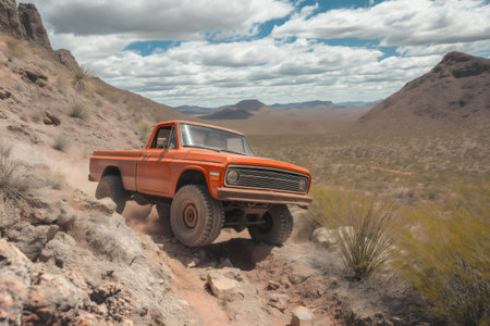 Classic orange pickup truck tackling a challenging rocky off road trail in the desertの素材