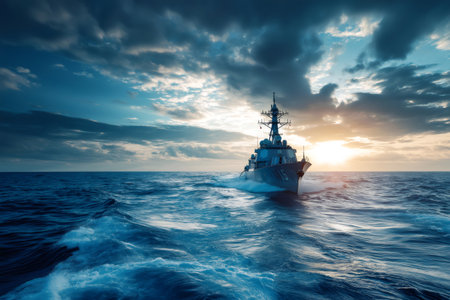 Modern Navy warship patrols the open sea under a dramatic and cloudy sky during sunsetの素材
