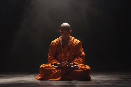 Young Buddhist monk sitting in lotus position on the floor, meditating with his eyes closed, wearing an orange robe and mala beadsの素材