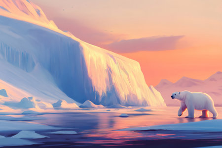 Polar bear walking on a melting iceberg in the Arctic at sunset, concept of global warming and climate changeの素材