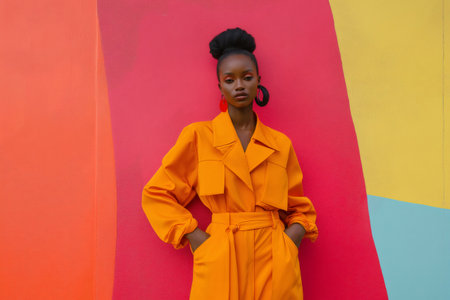 Fashion model in a monochrome orange outfit stands confidently against a vibrant, multicolored background, showcasing modern style and eleganceの素材