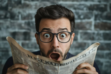 Surprised man with glasses holding a newspaper, displaying shock and disbelief against a brick wall background, capturing a moment of unexpected newsの素材
