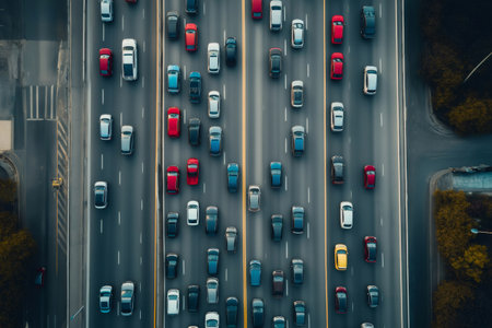 Aerial view of autonomous vehicles driving on a smart highway, showcasing the future of transportation with interconnected carsの素材