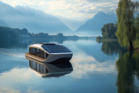 Futuristic solar powered passenger boat navigating on a lake reflecting the sky and the mountainsの素材