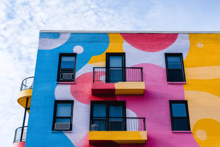 Vibrant mural painted on a brick wall building with balconies and windows, adding a touch of urban art to the neighborhoodの素材