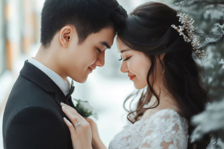 Newlywed couple sharing a tender moment during their winter wedding ceremony, surrounded by snow and celebrating their love and happinessの素材