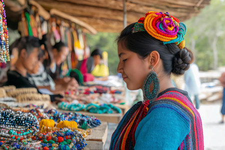 Young indigenous craftswoman wearing traditional colorful clothing looking at handmade jewelry at a artisan marketの素材