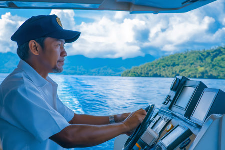Ship captain navigating near a tropical island, steering the vessel with precision and expertiseの素材