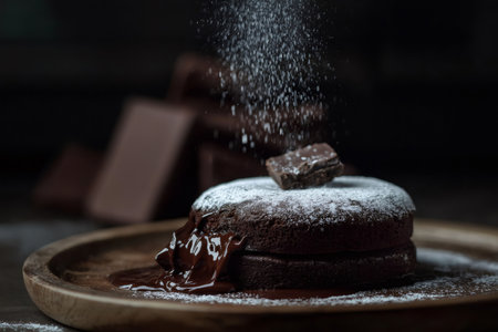 Rich chocolate lava cake with oozing center, topped with powdered sugar and a chocolate piece, presented on a wooden plate for a gourmet dessert experienceの素材