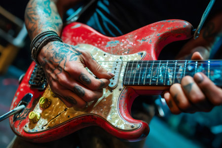 Close up of tattooed hands tuning vintage red electric guitar, demonstrating passion for music and meticulous preparationの素材