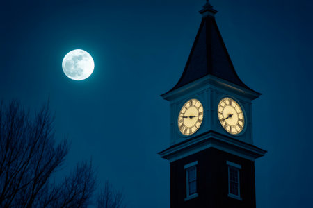 Illuminated clock tower standing tall against a dark blue night sky with a bright full moonの素材