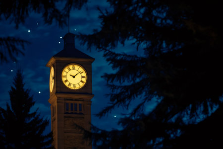 Illuminated clock tower standing tall against a backdrop of stars and framed by the silhouette of evergreen treesの素材
