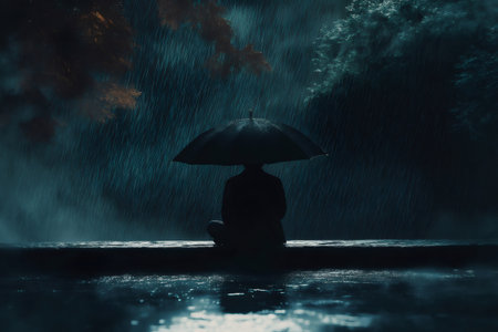 Businessman finding shelter from heavy rain under umbrella, sitting alone by the water in a melancholic night atmosphereの素材