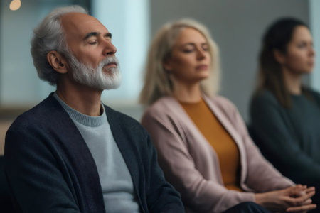 Elderly man meditating with closed eyes, finding inner peace and practicing mindfulness in a group therapy sessionの素材