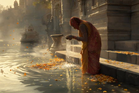 Devotee making an offering of holy water in a sacred river during a spiritual ceremony in Indiaの素材