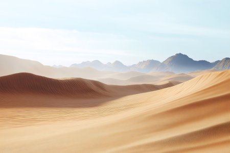 Sand dunes covering an endless desert landscape with mountains visible in the distance under a clear skyの素材
