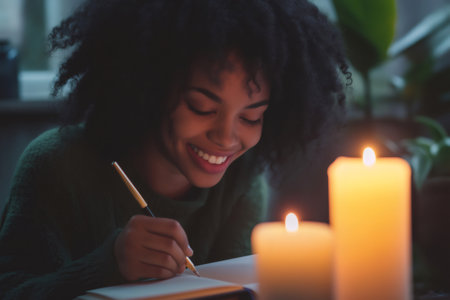 Smiling young woman writing in a notebook, surrounded by the warm glow of two flickering candles, creating a cozy and peaceful atmosphereの素材