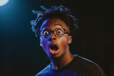 Close up of a shocked young man wearing eyeglasses, expressing surprise and disbelief with a gasping expressionの素材