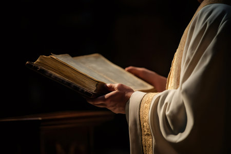 Priest wearing religious garment holding an ancient leather bound book while reading from it in a dark Churchの素材