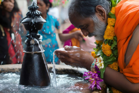 Indian pilgrim holy water during a vibrant Hindu religious ceremony, embodying deep faith and devotion at a sacred templeの素材