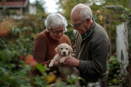 Happy retired couple enjoying time together in their garden, holding a playful Labrador puppy and sharing moments of love and joyの素材