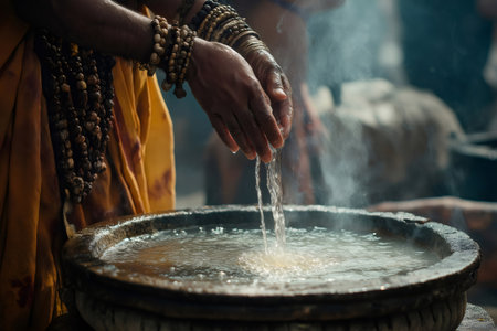 Close up of a Hindu priest's hands pouring water into a stone bowl during a Shiva Lingam ritual, symbolizing purification and devotionの素材