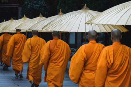 Group of Buddhist monks walking in procession, holding traditional umbrellas, embodying spirituality and cultural rituals in serene harmonyの素材