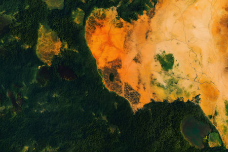 Satellite image showing deforestation drastically changing Amazon rainforest landscape, causing environmental damage and loss of biodiversityの素材